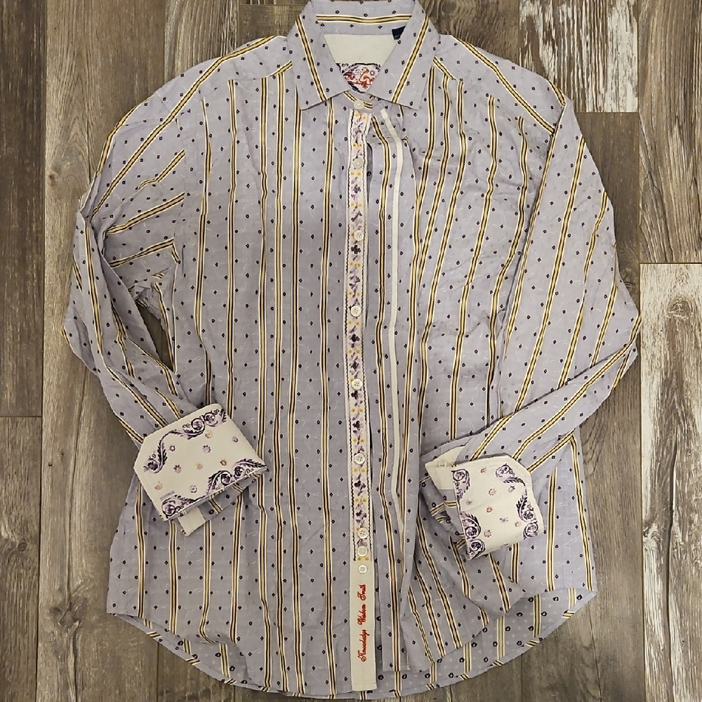 Robert Graham Yellow Purple Striped Floral Pattern Dress Button Down Shirt XL